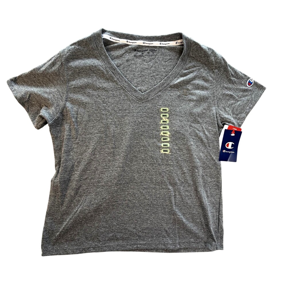 Champion Shirt Womens Small Gray V Neck Loose Fit Short Sleeve Tagless Athletic